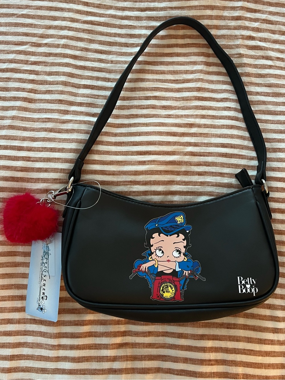 Betty Boop Purse, Black Betty Boop Shoulder Bag with Red Heart Charm ❤️
